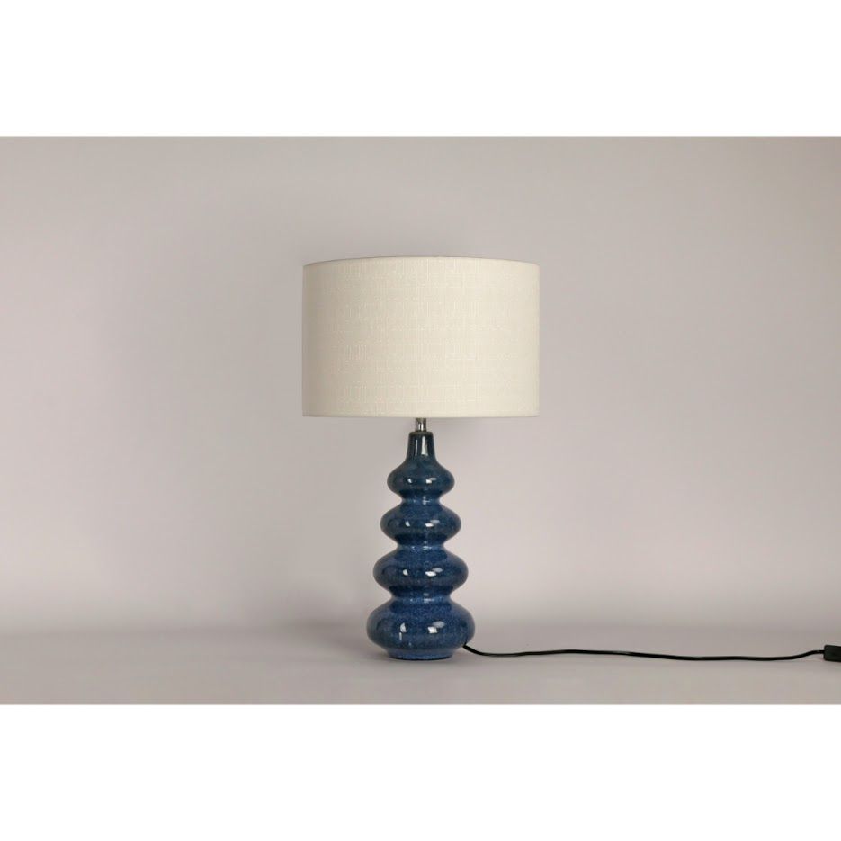 Đèn bàn, chụp vải tròn trắng, thân sứ xanh dương 4 tầng, 40*40*70