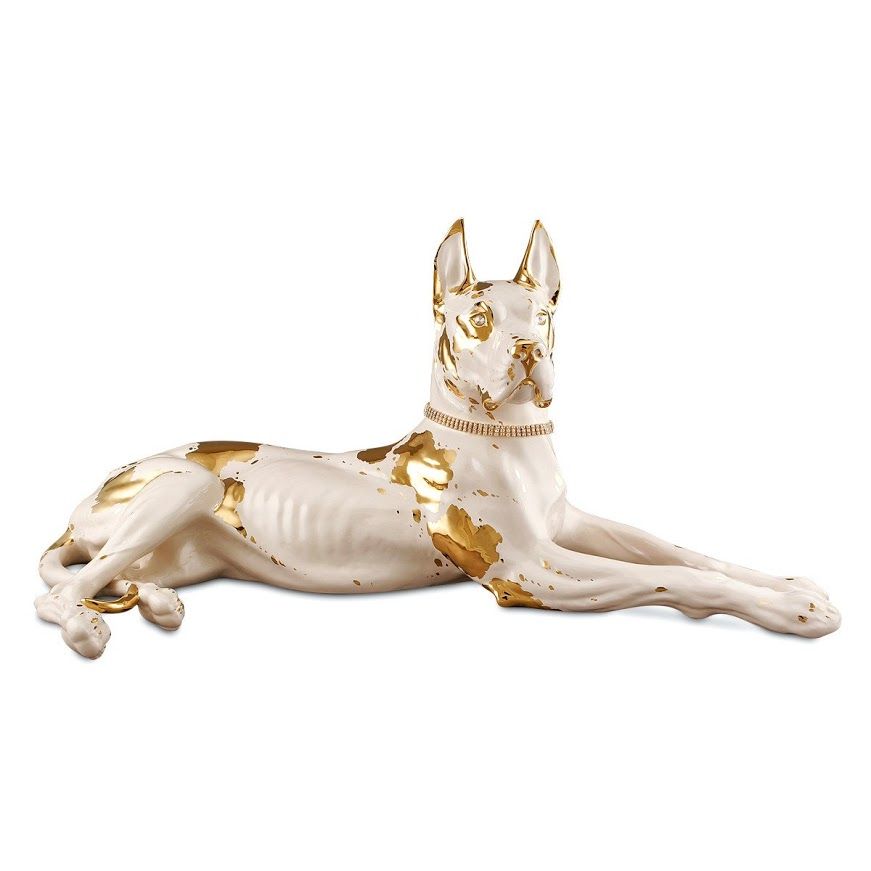 Tượng gốm chó Great Dane nằm, màu trắng mạ vàng