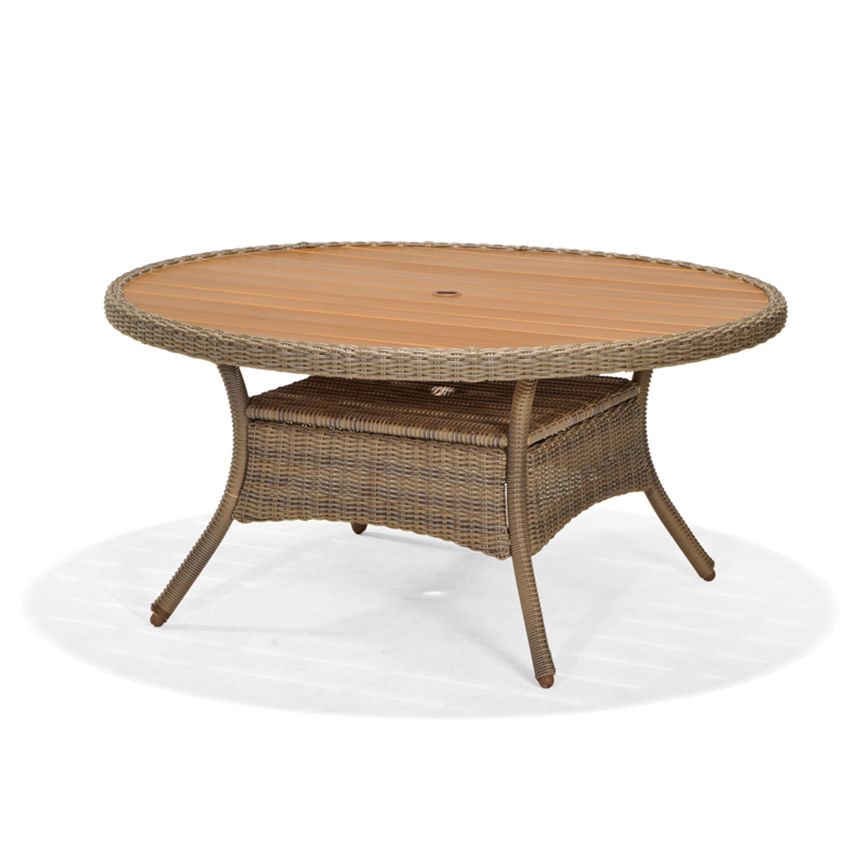 Bàn ngoài trời, tròn nhựa mặt gổ nâu, 156cm
