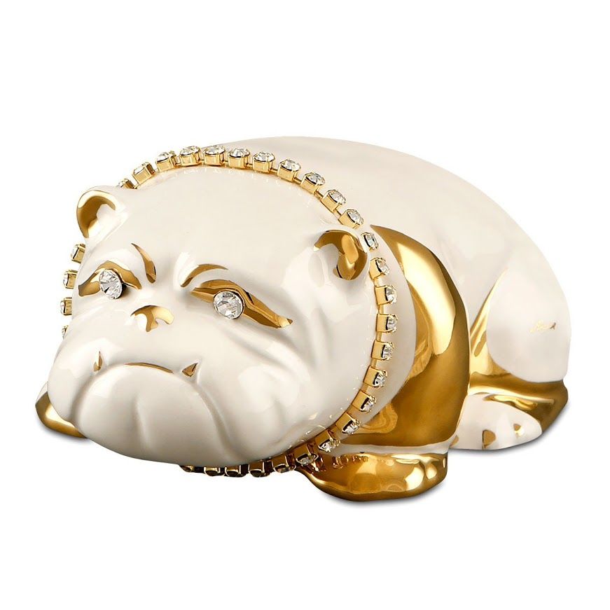 Tượng gốm chó Bulldog đeo dây chuyền pha lê, mạ vàng