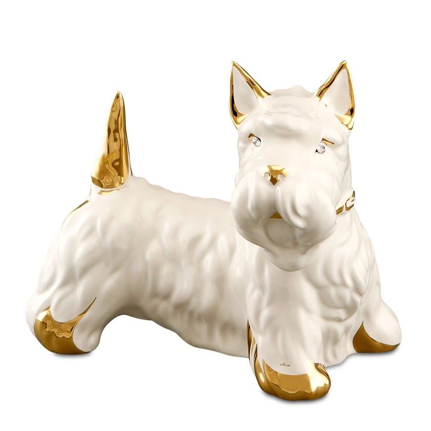 Tượng gốm chó Scottish Terrier đứng, màu trắng mạ vàng