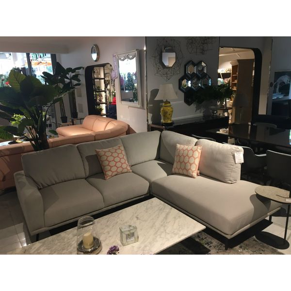 Sofa vải hình chữ L, da xanh+ vải xám