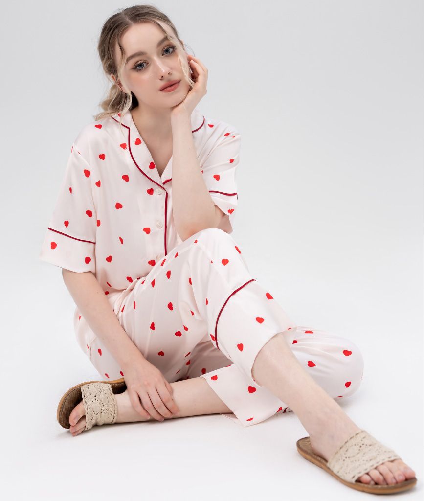  [LUXURY] Pijama Lụa In Trái Tim Nhỏ 