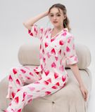  [LUXURY] Pijama Lụa In Hoạ Tiết Tim Hồng 