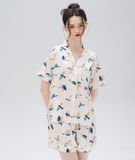  [LUXURY] Pijama Lụa Ngắn In Chim Sẻ 