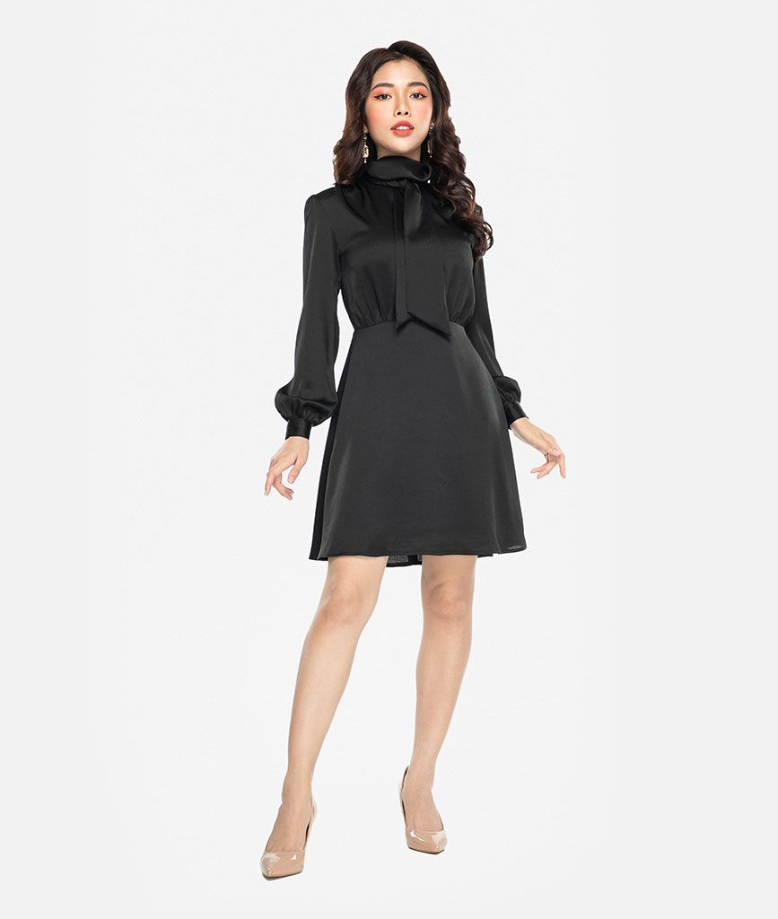 Đầm mini tay dài cổ nơ