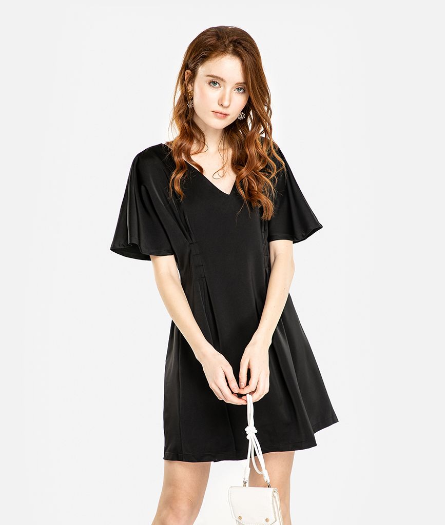 Đầm cổ V xếp ly eo