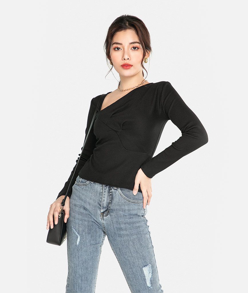 Áo knit xoắn ngực dài tay