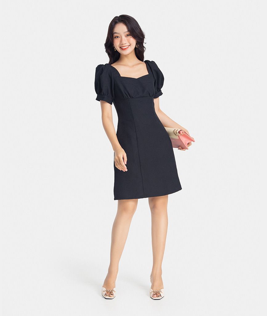 Đầm A mini cổ vuông tay xếp phồng