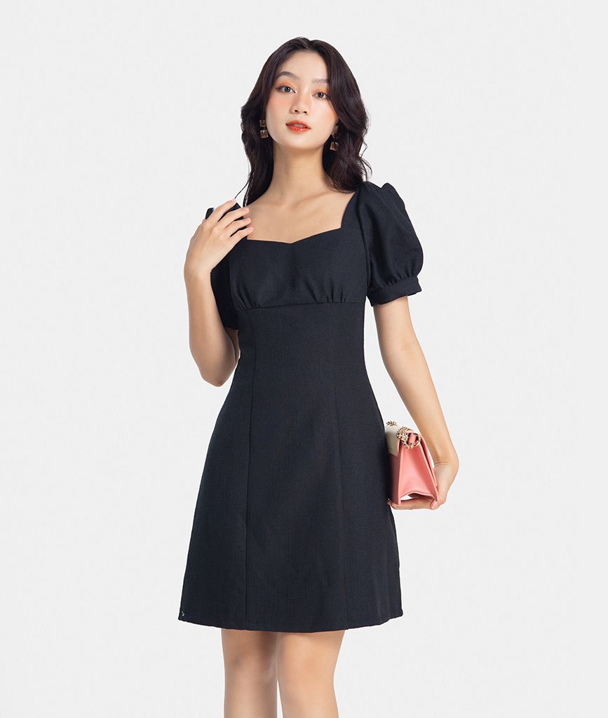 Đầm A mini cổ vuông tay xếp phồng