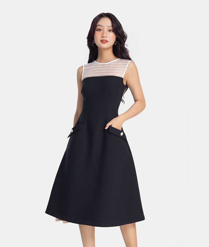 Đầm lửng form A phối đô vải organza