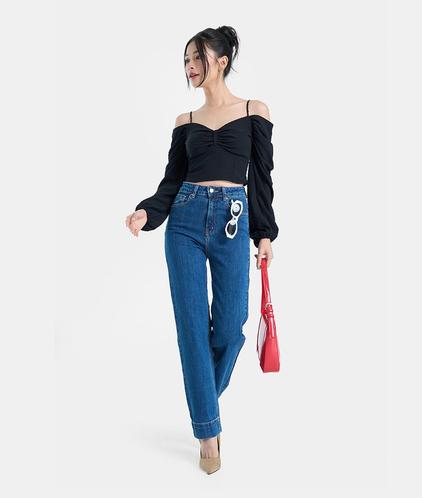 Áo kiểu croptop bẹt vai tay phồng