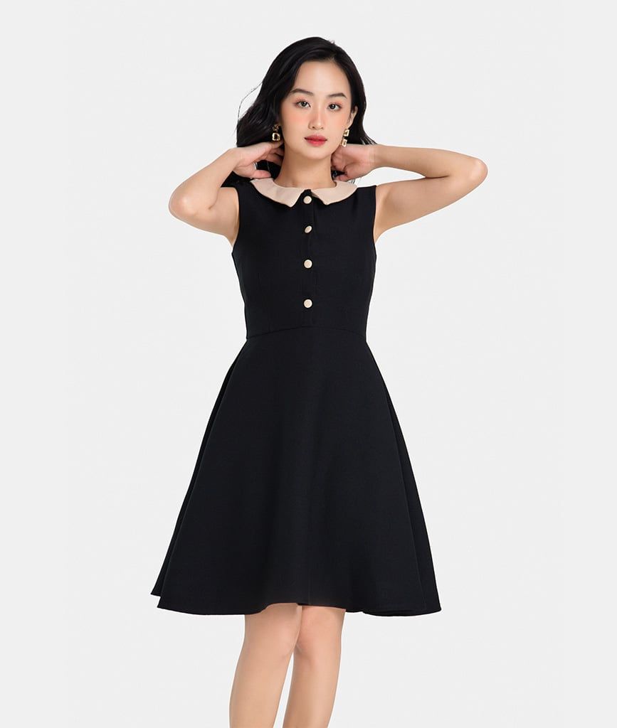 Đầm lửng form xòe phối màu