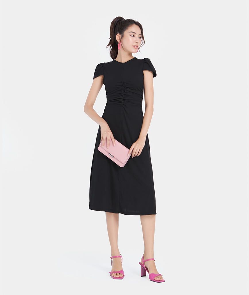 Đầm thun nhún eo nút cài