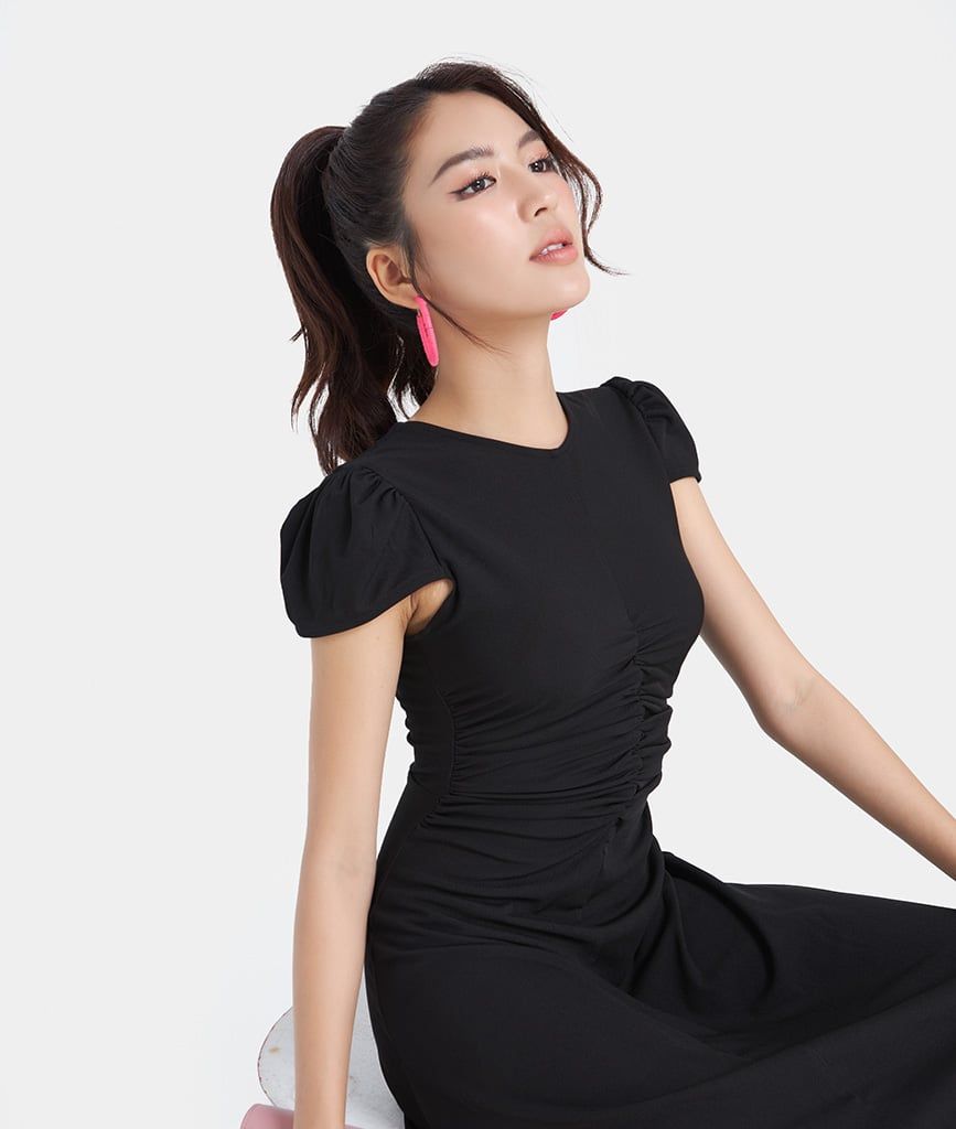 Đầm thun nhún eo nút cài
