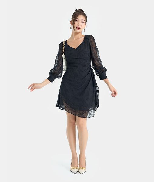 Đầm lửng cổ tim tùng xếp