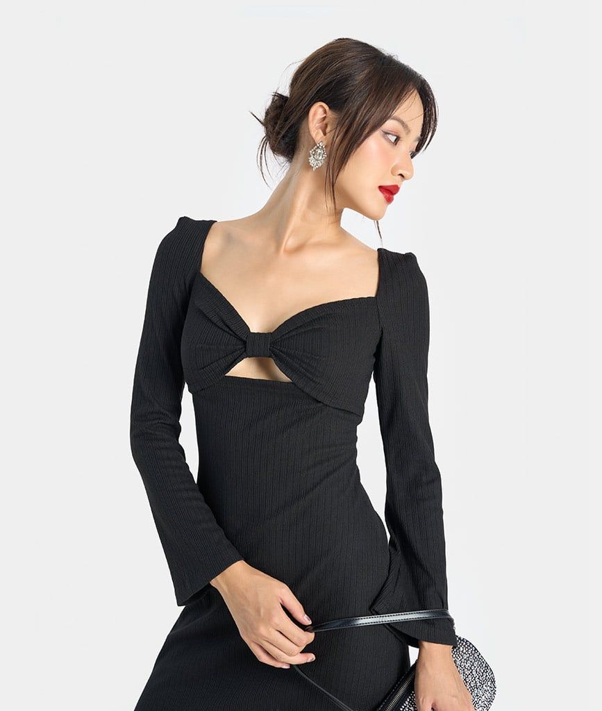 Đầm thun tay dài nơ ngực
