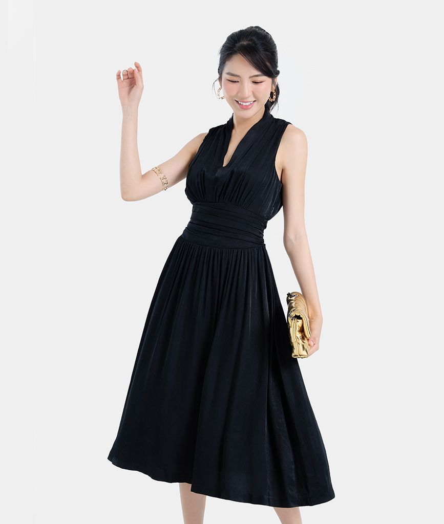 Đầm sát nách cổ V nhún eo