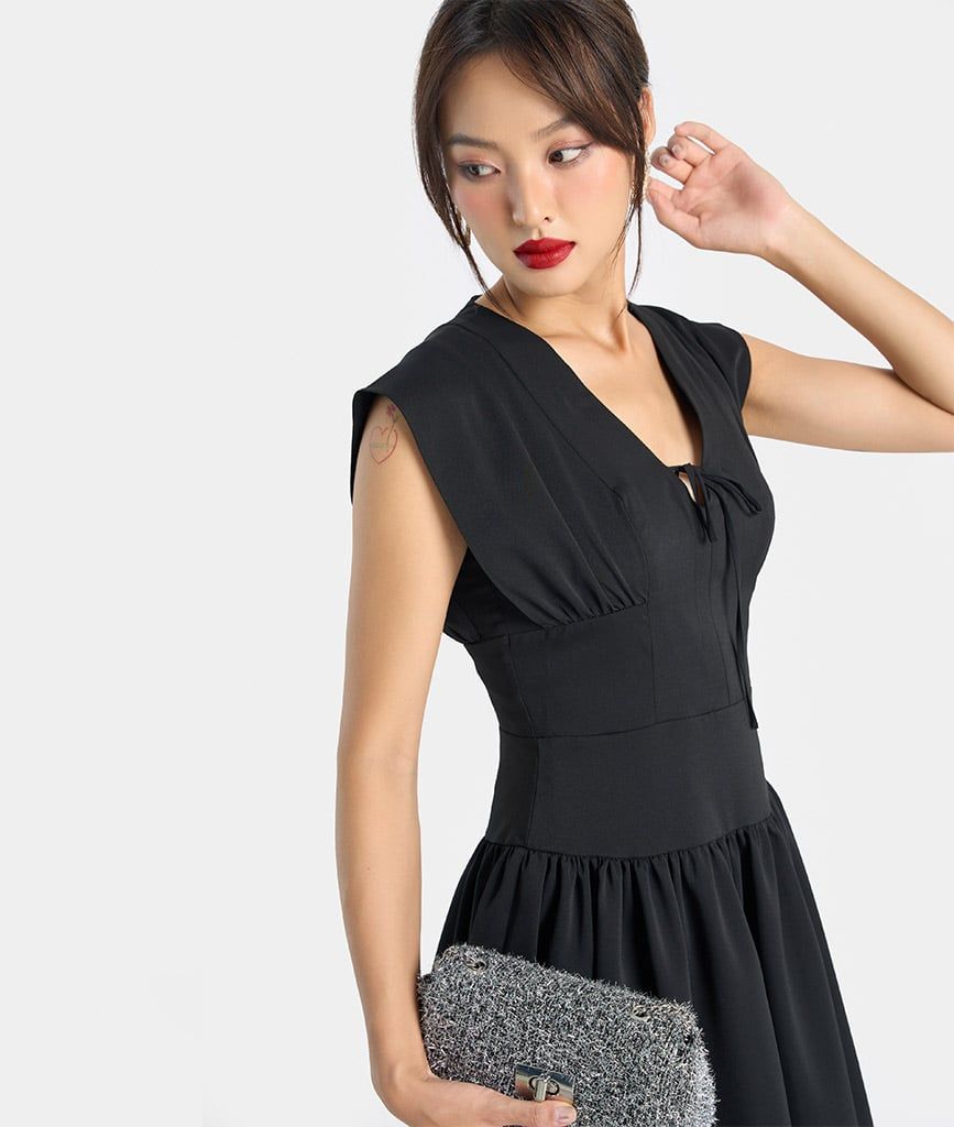 Đầm cổ V buộc dây nơ tay liền