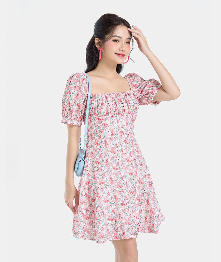 Đầm ngắn nhún ngực in hoa