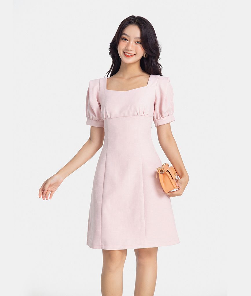 Đầm A mini cổ vuông tay xếp phồng