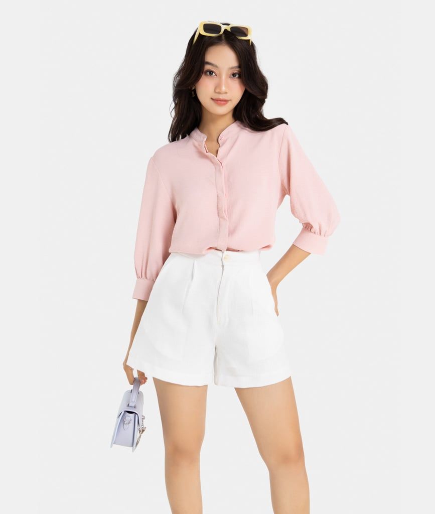 Áo sơ mi cổ trụ buộc nơ tay