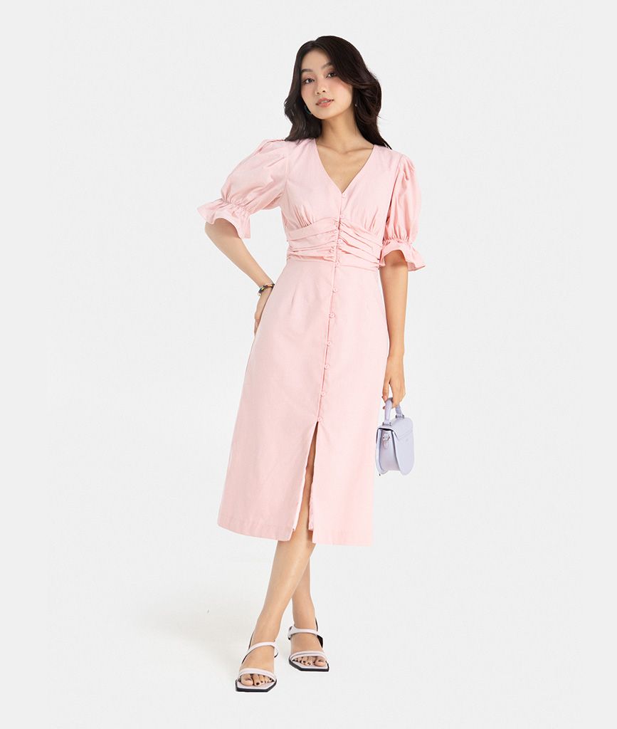 Đầm lửng tay phồng cài nút