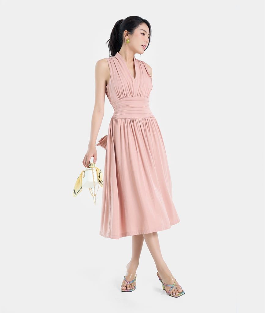 Đầm sát nách cổ V nhún eo
