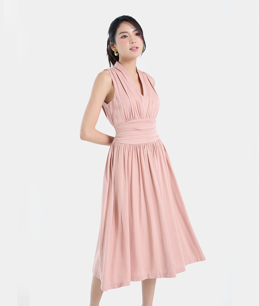 Đầm sát nách cổ V nhún eo