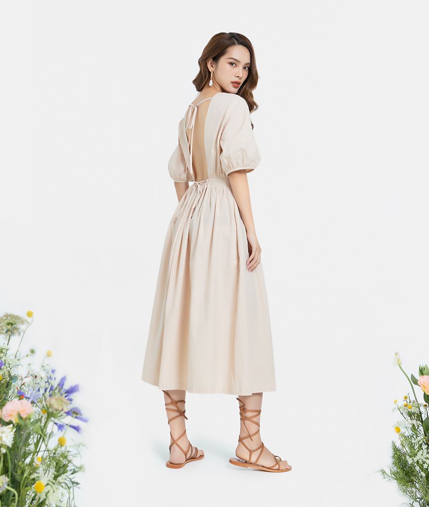 ĐẦM MIDI TAY PHỒNG HỞ LƯNG