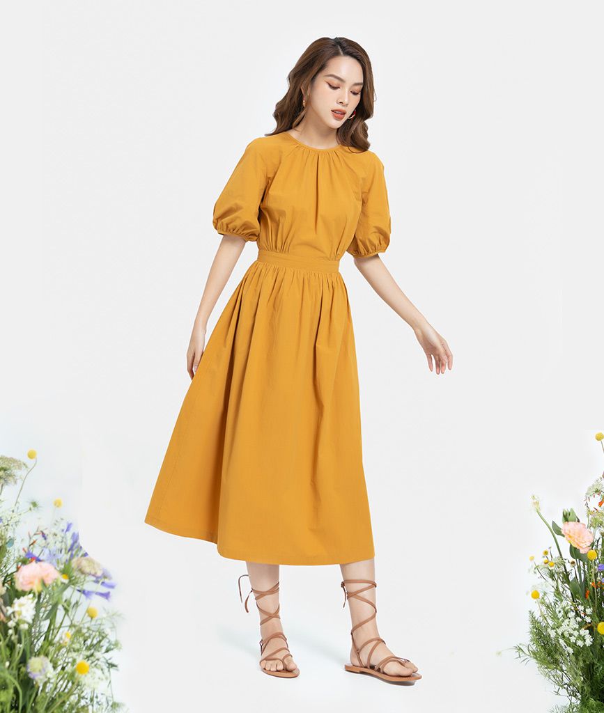 ĐẦM MIDI TAY PHỒNG HỞ LƯNG