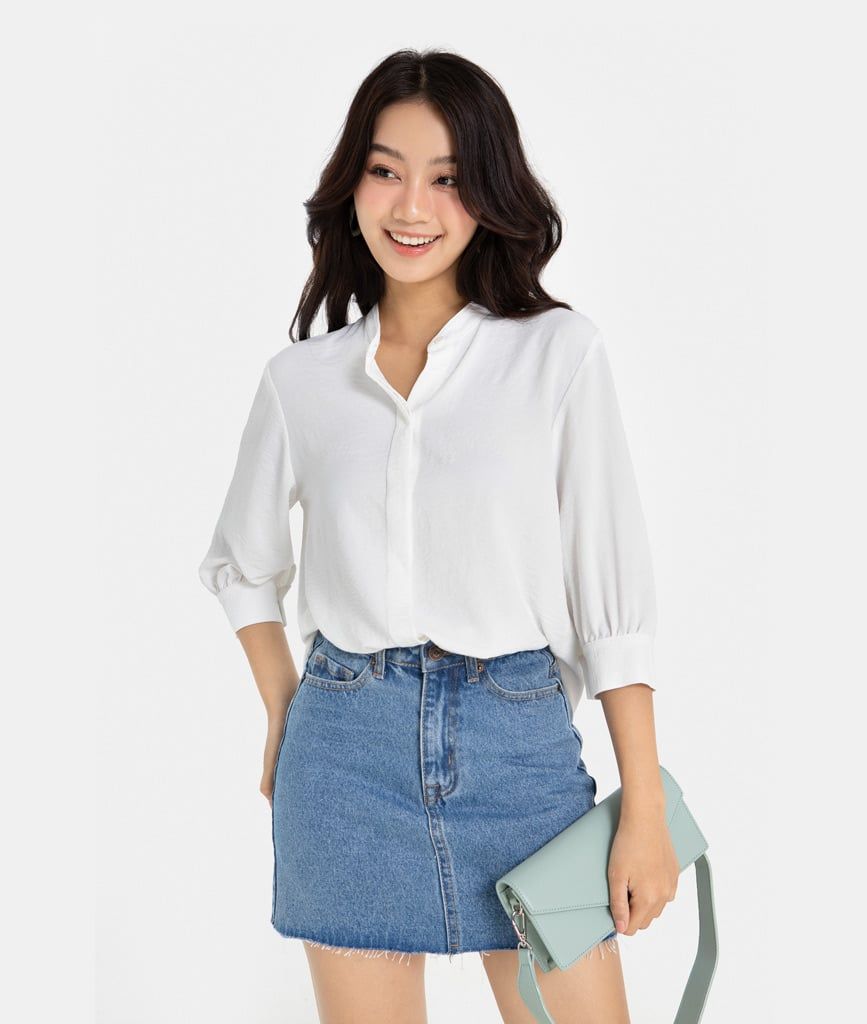 Áo sơ mi cổ trụ buộc nơ tay