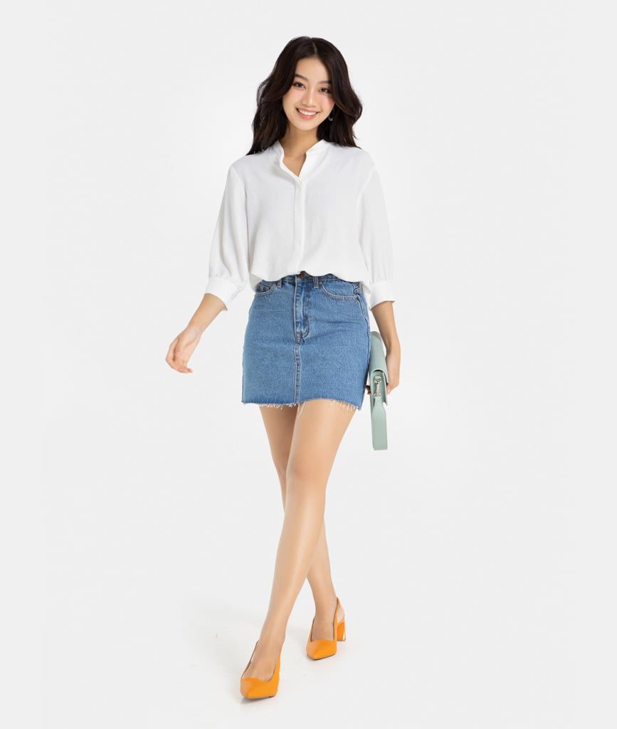 Áo sơ mi cổ trụ buộc nơ tay