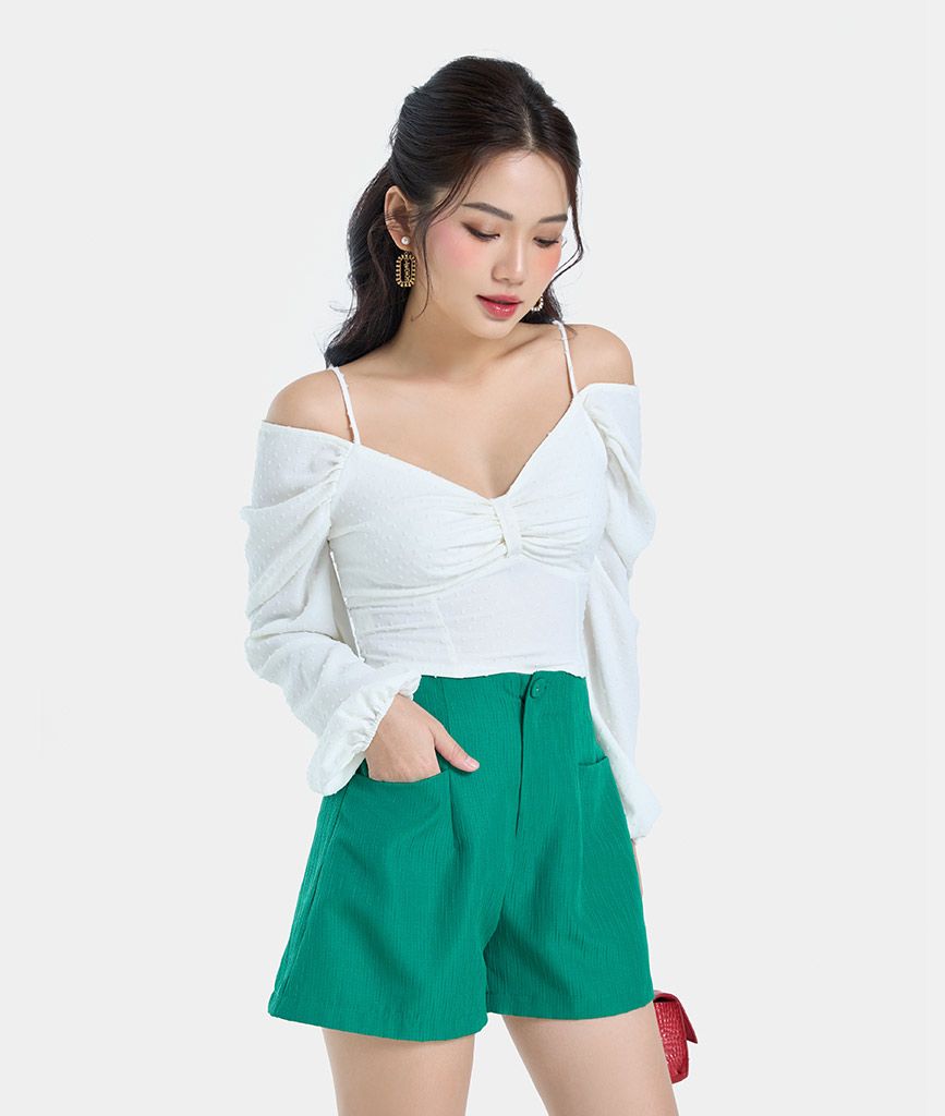 Áo kiểu croptop bẹt vai tay phồng