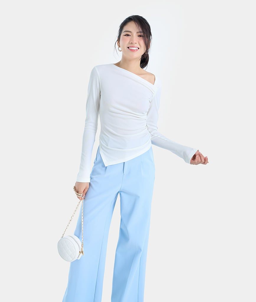 Áo thun lệch tà nhún eo