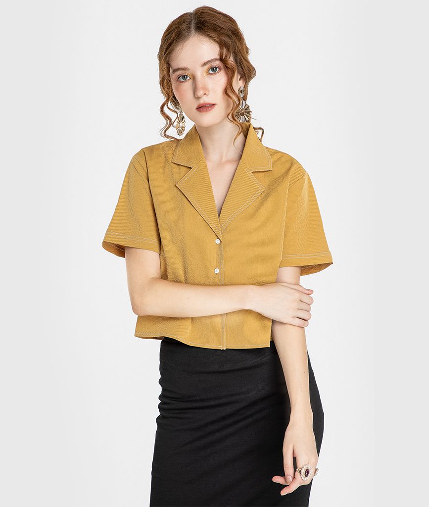 Áo sơmi croptop tay ngắn cổ
