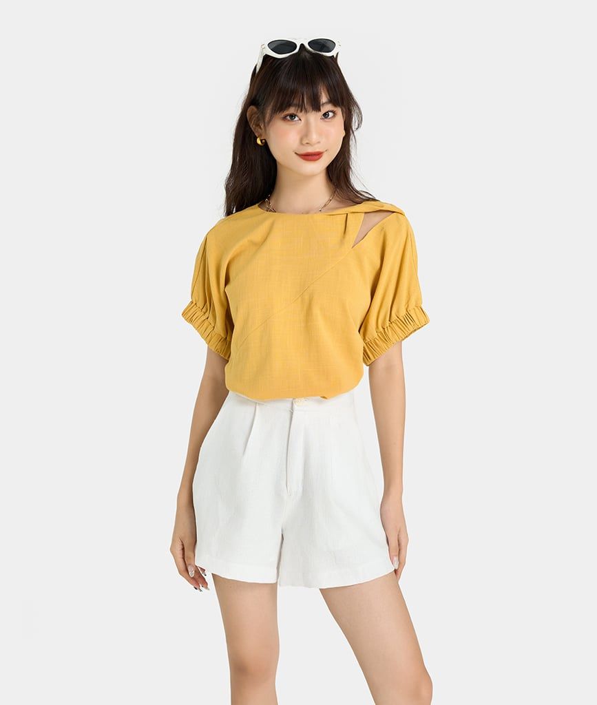 Áo kiểu xoắn vai tay thun