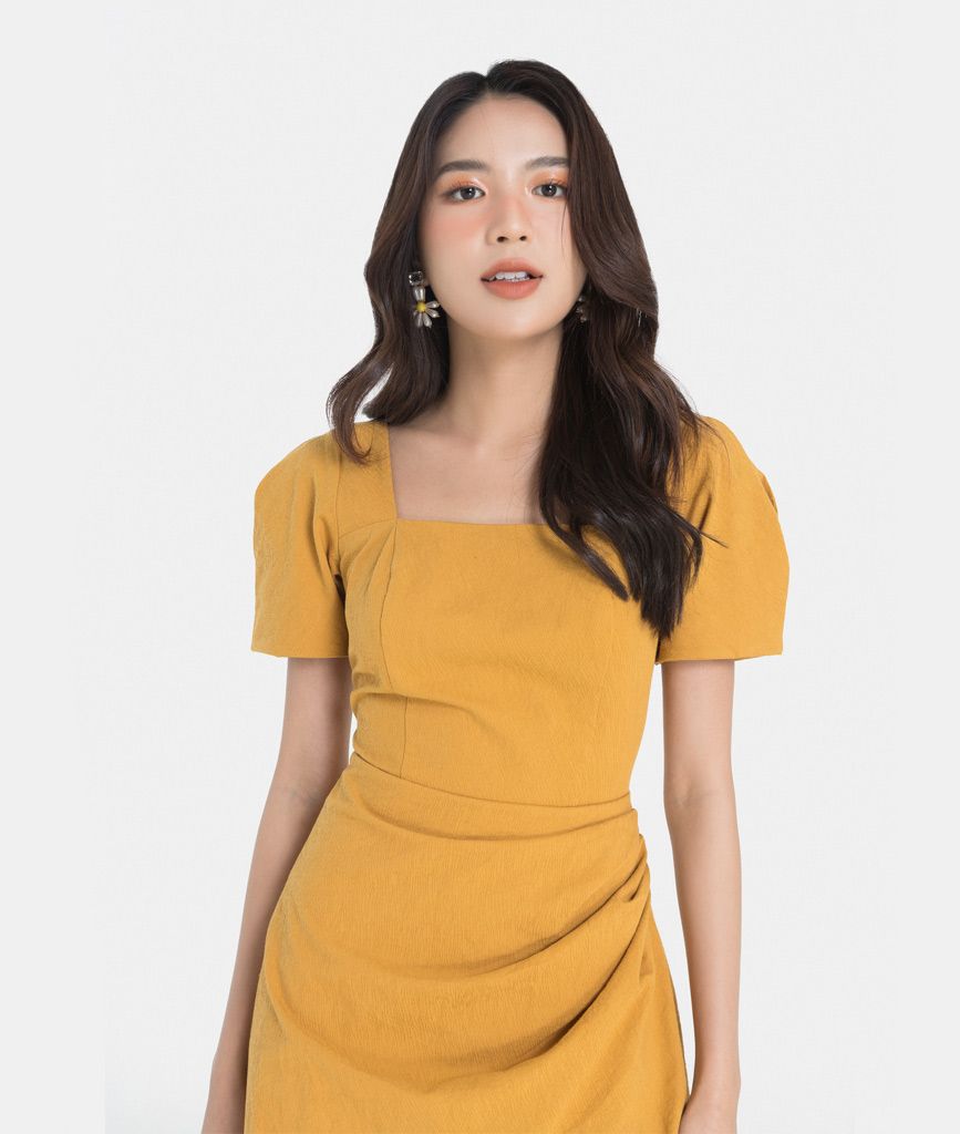 Đầm lửng xếp ly tùng tay phồng