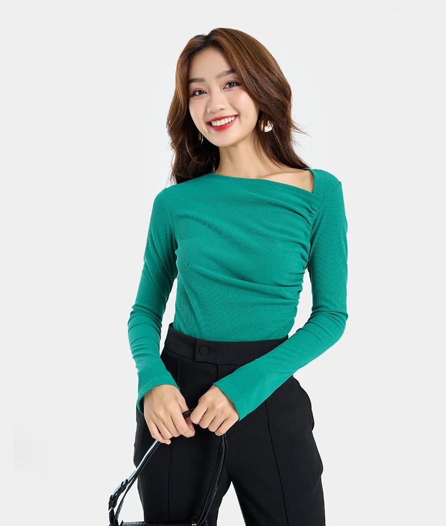 Áo thun lệch tà nhún eo