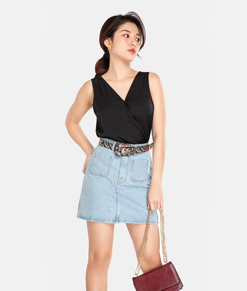 Váy jeans A túi trước