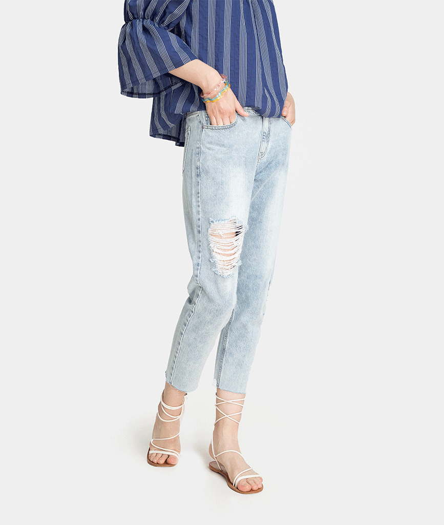 Quần denim dài xé lai