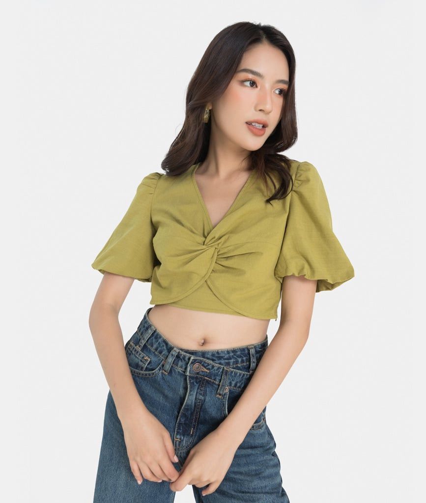 Áo kiểu ctoptop xoắn ngực tay bí