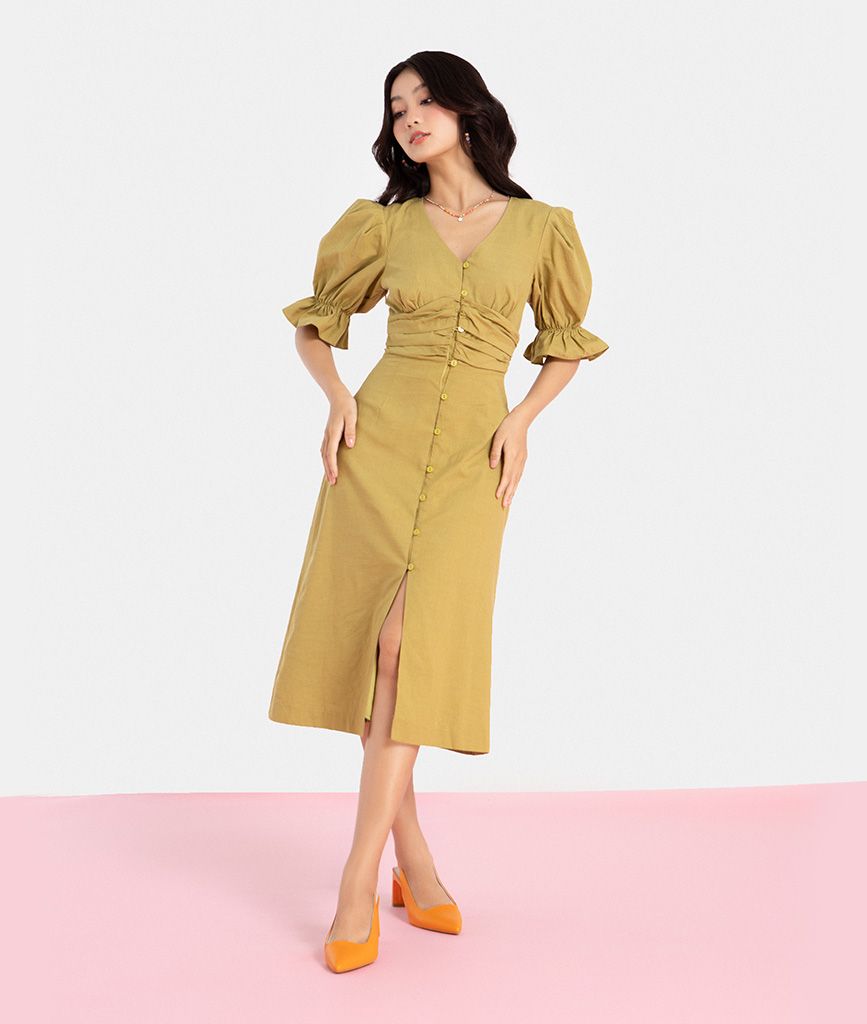Đầm lửng tay phồng cài nút