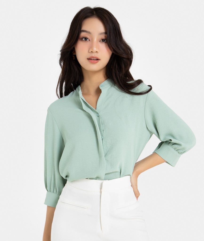 Áo sơ mi cổ trụ buộc nơ tay