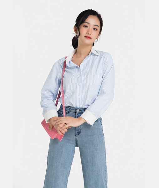 Áo sơmi sọc phối cổ, tay.
