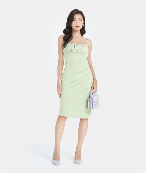 Đầm lửng 2 dây nhún 1 bên sườn