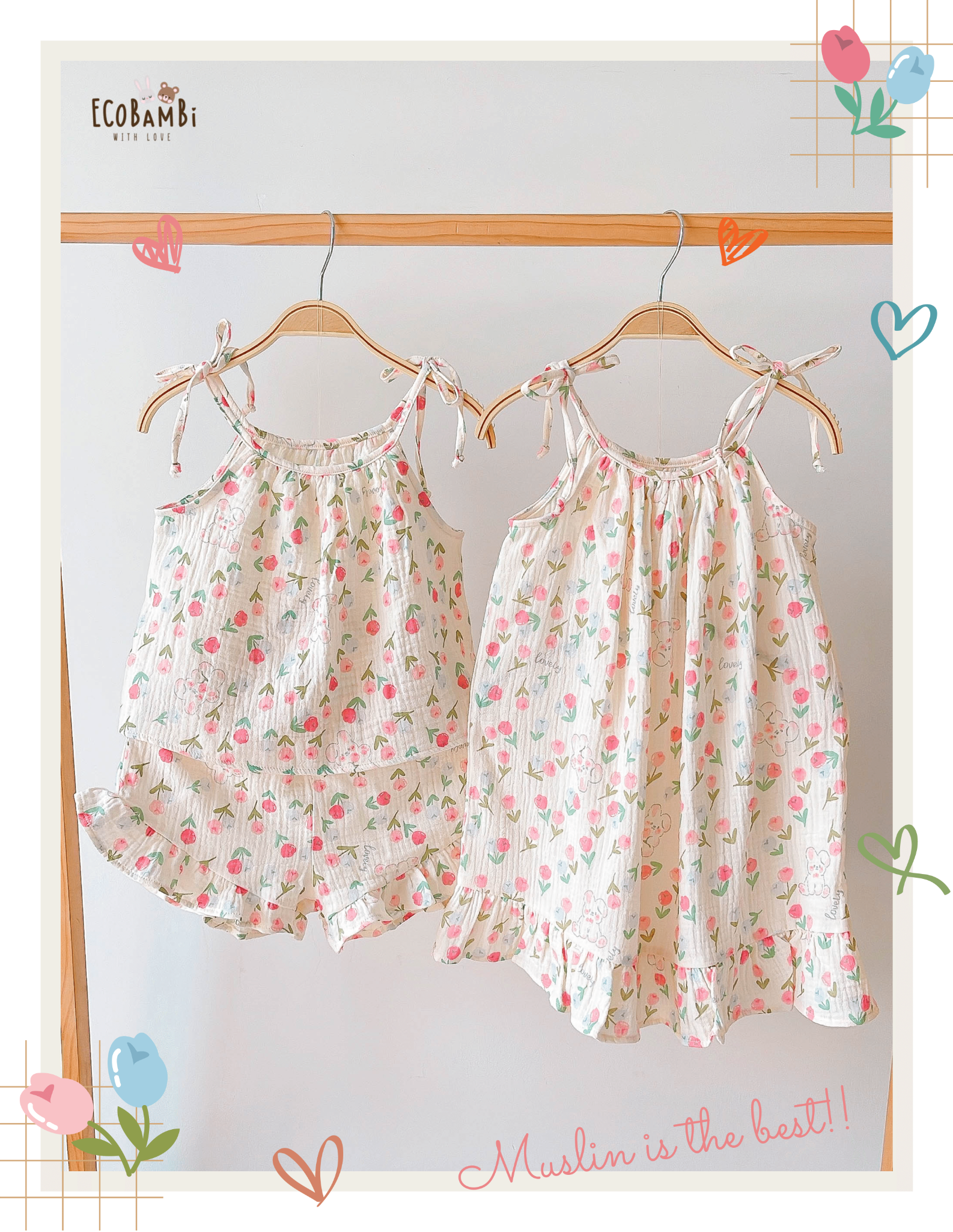 Bộ 2 dây CỔ YẾM, quần short cotton muslin in hoạ tiết đáng yêu cho bé gái Ecobambi - BB-23BOBG006 - 8935334000957