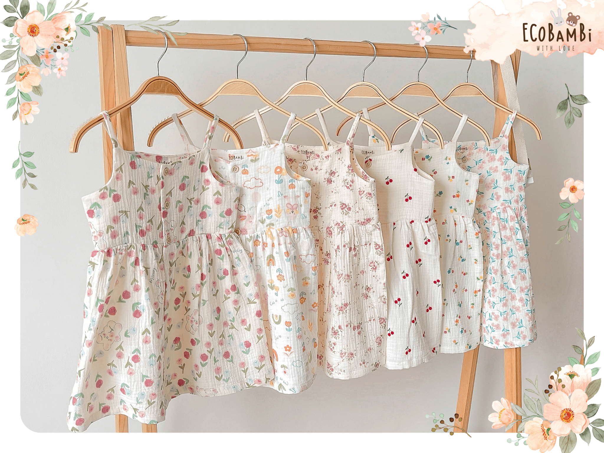 Đầm xoè 2 dây cotton muslin in hoạ tiết đáng yêu cho bé gái Ecobambi - BB-23DAMBG001 - 8935334000827