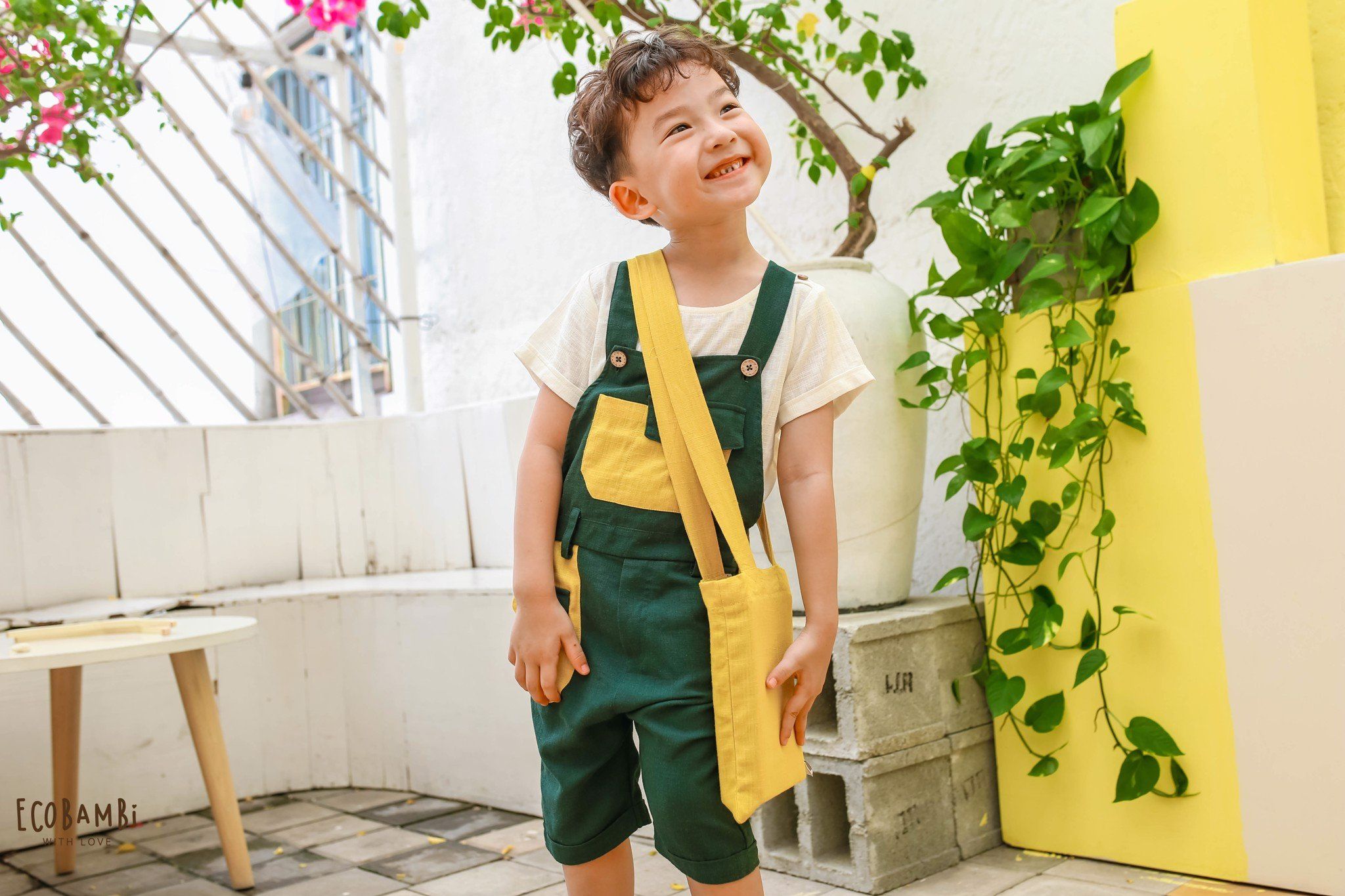 Áo linen cổ tròn phối nút vai unisex