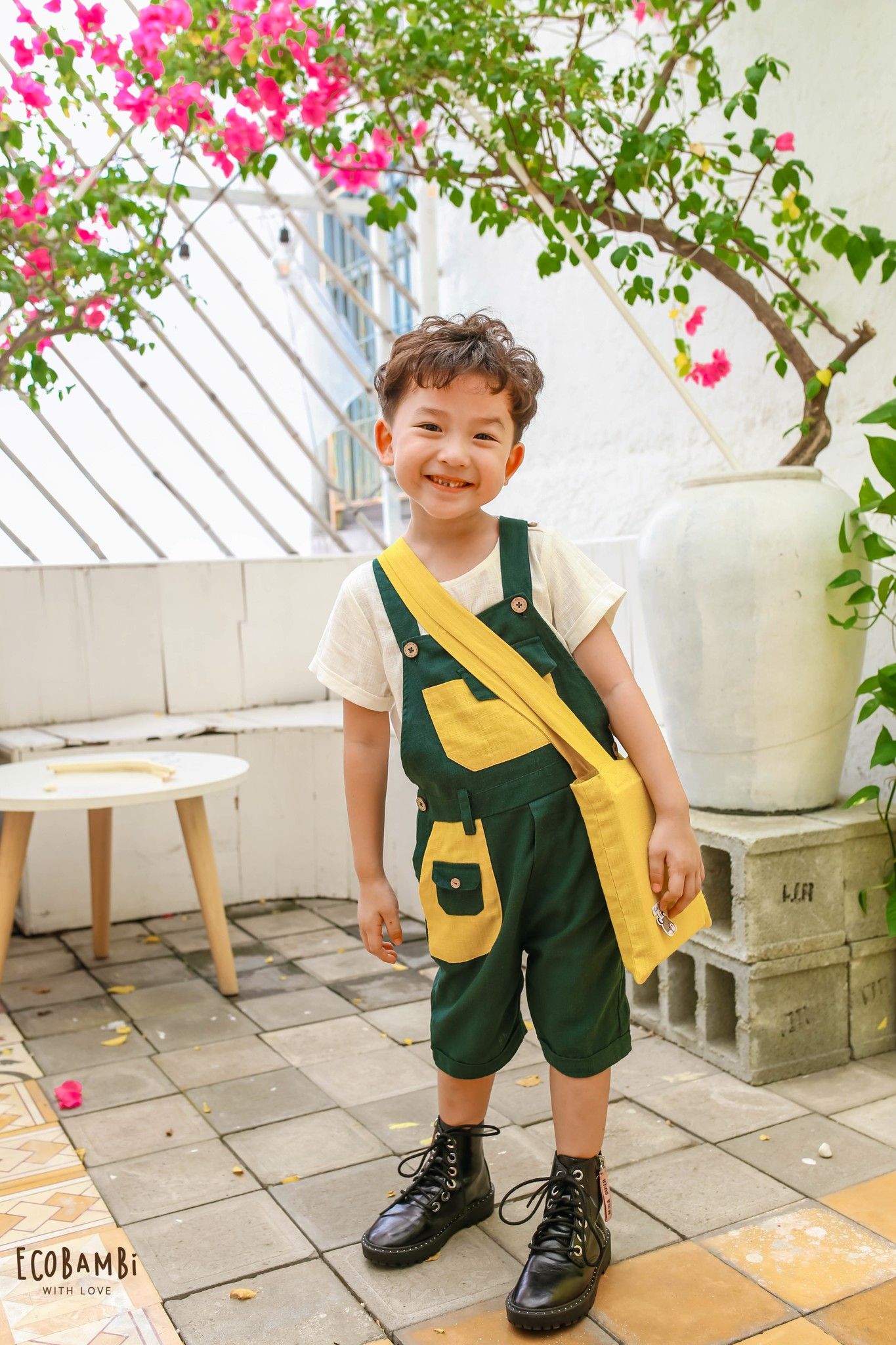 Jumpsuit linen quần lửng phối màu bé trai